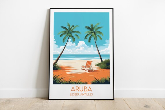 Aruba Lesser Antilles Beach Palms Vintage Style Travel Poster