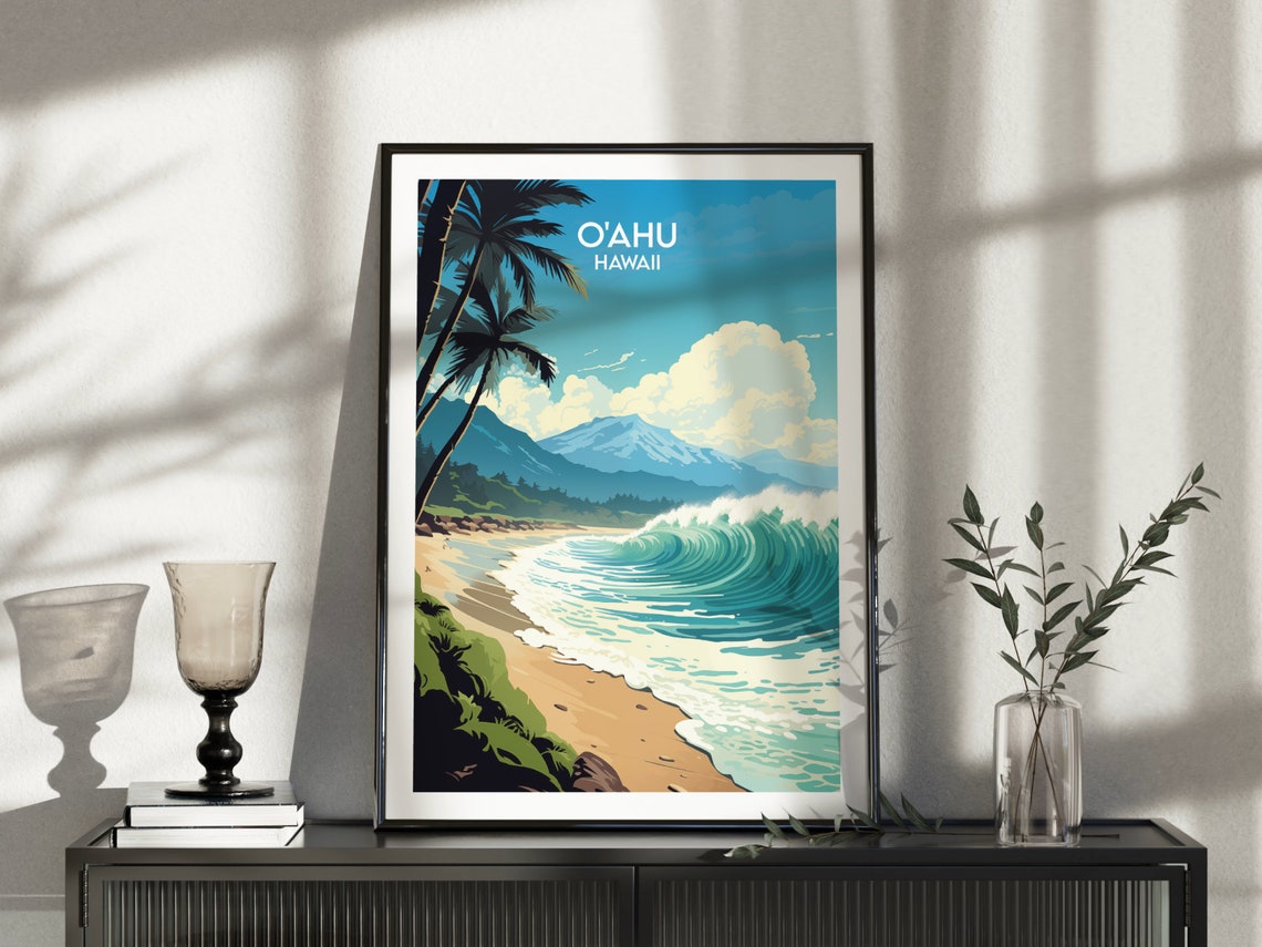 Oahu Hawaii Giant Curling Wave Palm Trees Sunset Travel Poster - Image 3