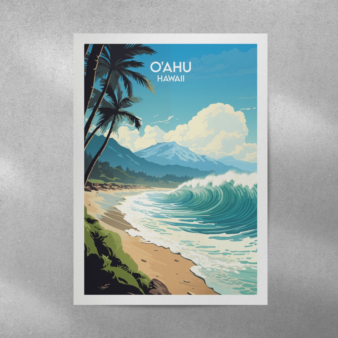 Oahu Hawaii Giant Curling Wave Palm Trees Sunset Travel Poster - Image 2