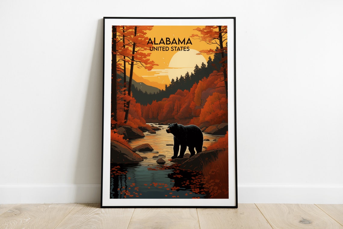 Alabama United States Black Bear Autumn River Scene Travel Poster