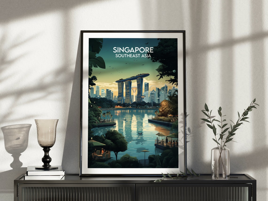 Singapore Marina Bay Dusk Skyline Waterfront Cafe Scene Travel Poster - Image 4