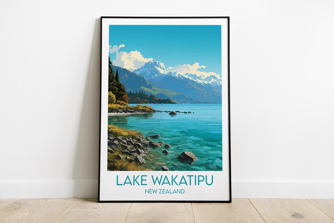 Lake Wakatipu New Zealand Mountain Lake Shore Vintage Poster