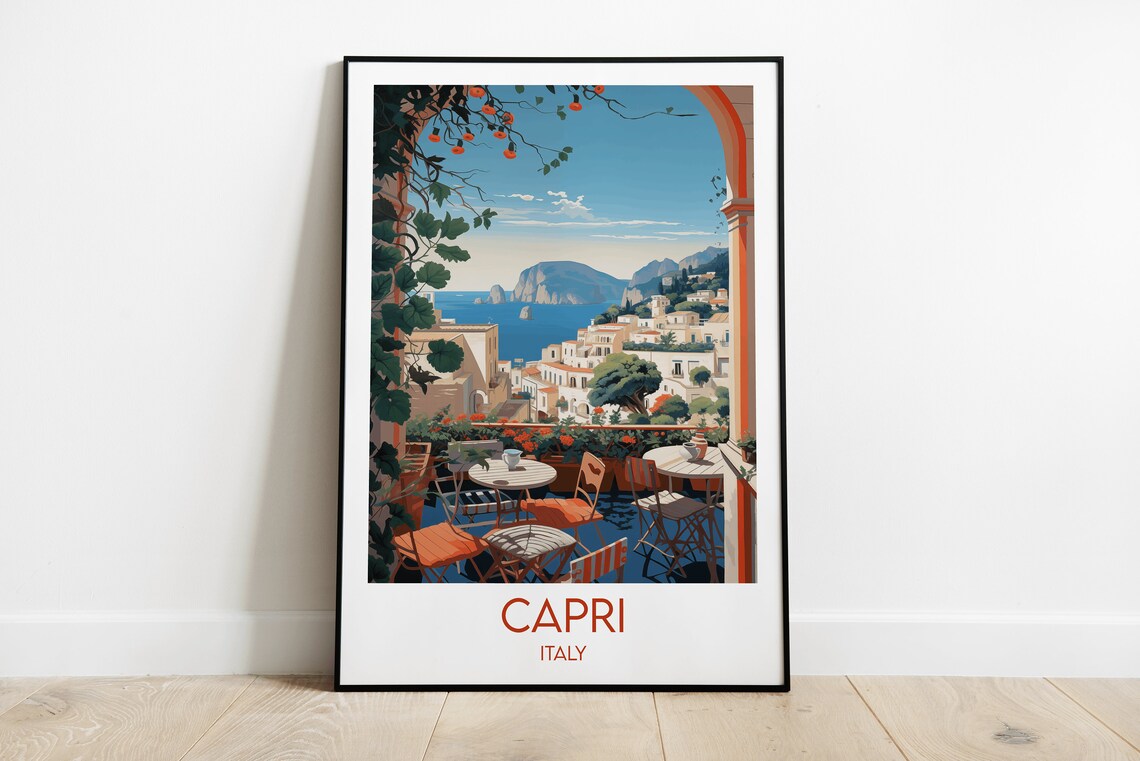 Capri Italy Vintage Travel Poster Seaside Terrace Cafe Sea View