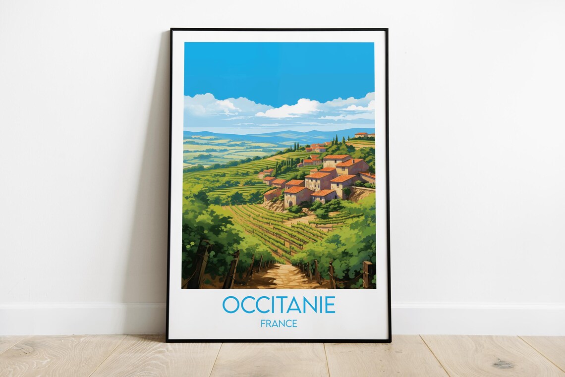 Occitanie France Rural Village Vineyards Vintage Travel Poster