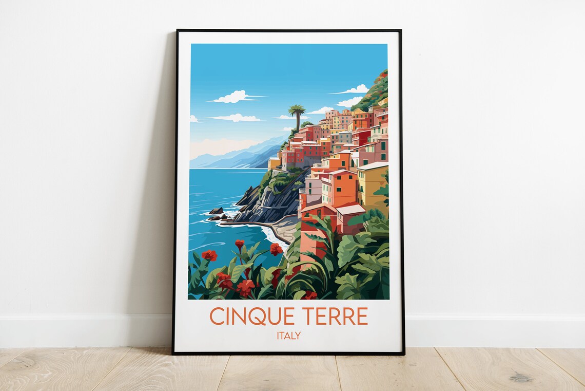 Cinque Terre Italy Colorful Coastal Village Seaside Travel Poster Art