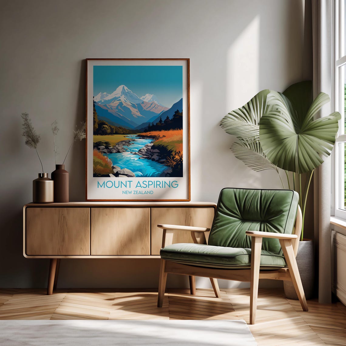 Mount Aspiring New Zealand Snowy Mountain River Valley Poster - Image 2