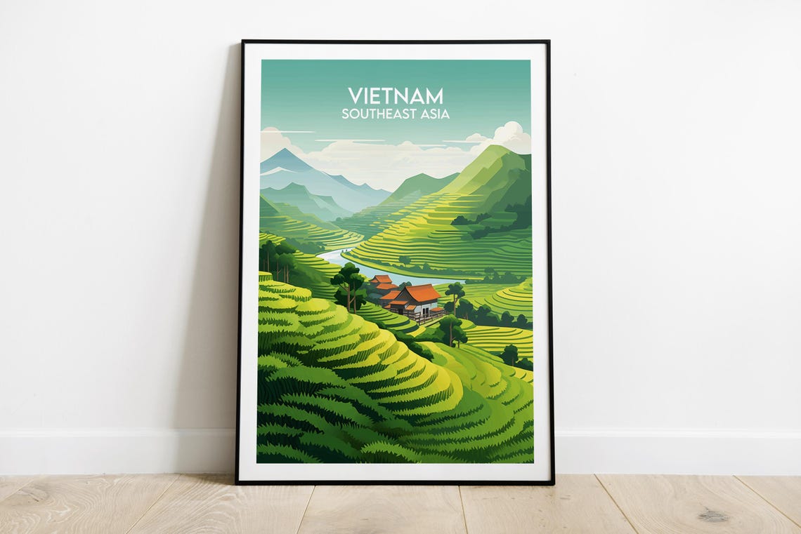 Vietnam Rice Terrace Valley Green Hills Minimal Travel Poster