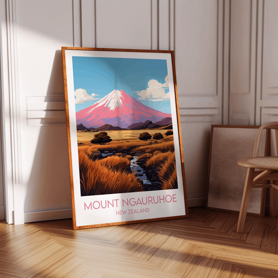 Mount Ngauruhoe New Zealand Snowy Volcano Golden Meadow Poster - Image 3