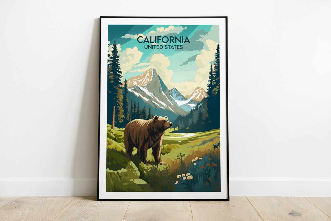 California United States Grizzly Bear in Mountain Meadow Travel Poster