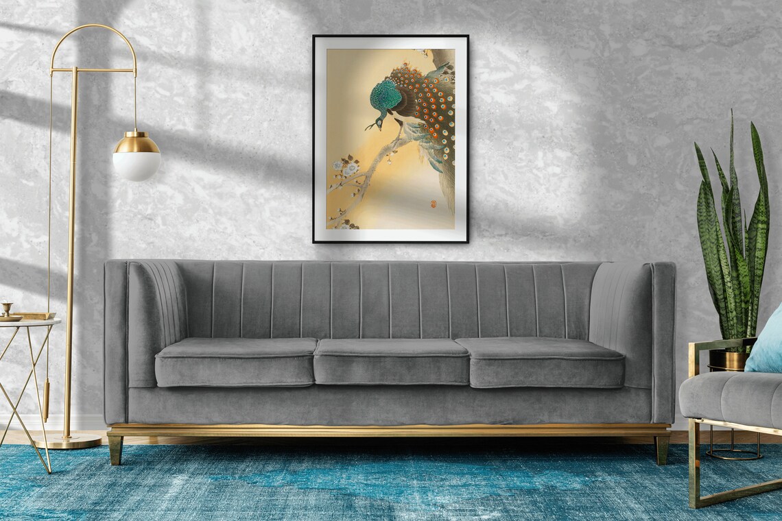 Regal Peacock on Blossom Branch Japanese Woodblock Art Poster - Image 2