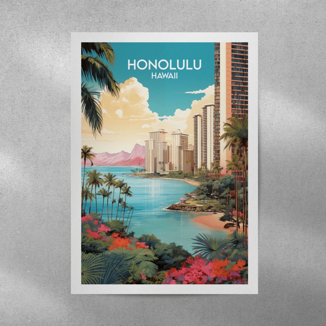 Honolulu Hawaii Tropical Bay Skyline Palm Trees Travel Poster - Image 3
