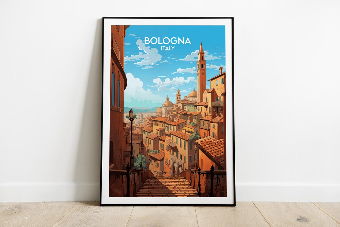 Bologna Italy Terracotta Rooftops Bell Tower Old City Travel Poster