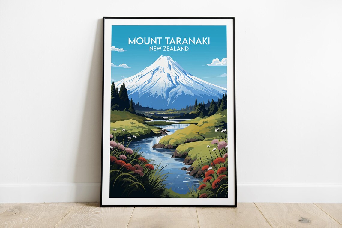 Mount Taranaki New Zealand Alpine River Wildflower Travel Poster