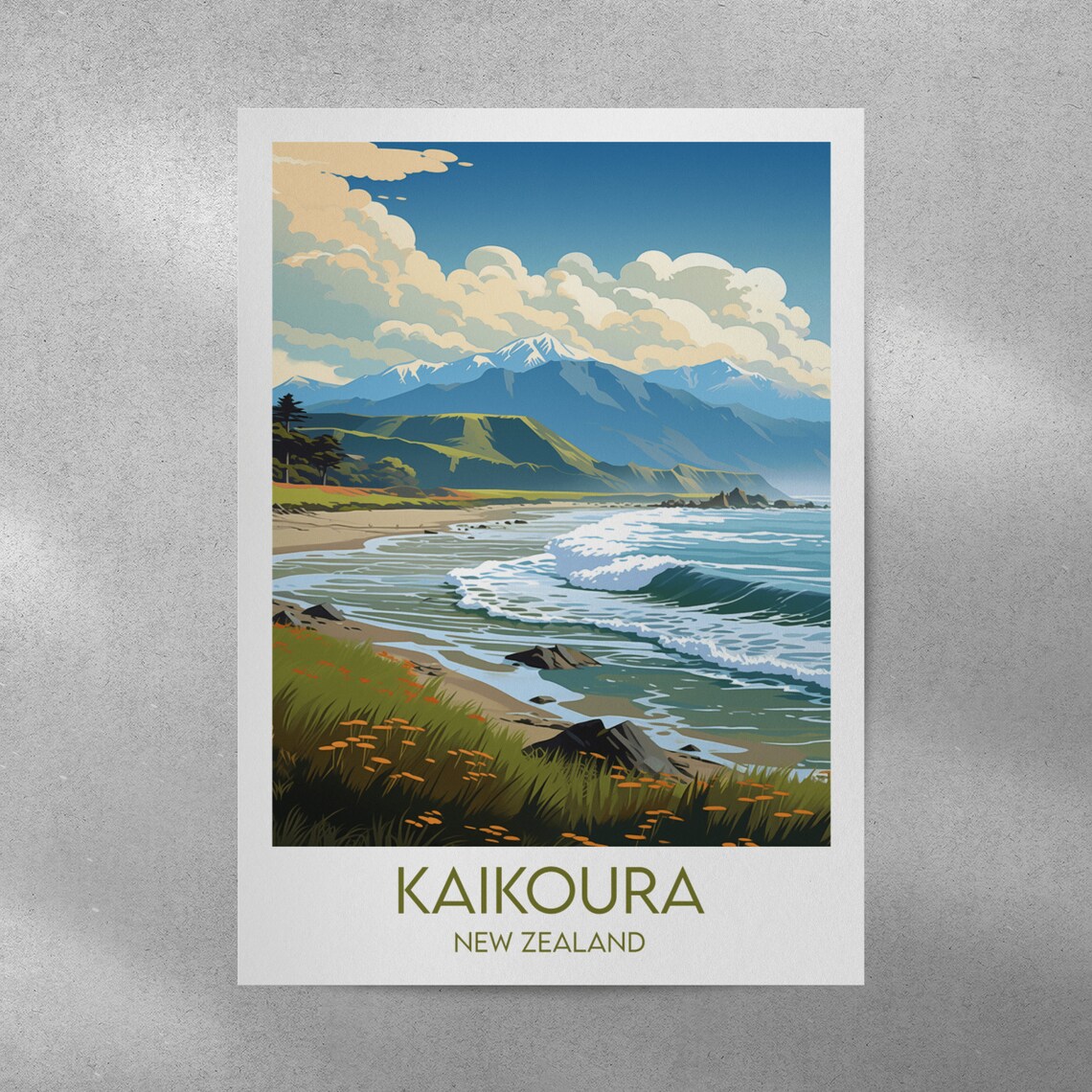 Kaikoura New Zealand Coastal Waves Scenic Illustrated Travel Poster - Image 3