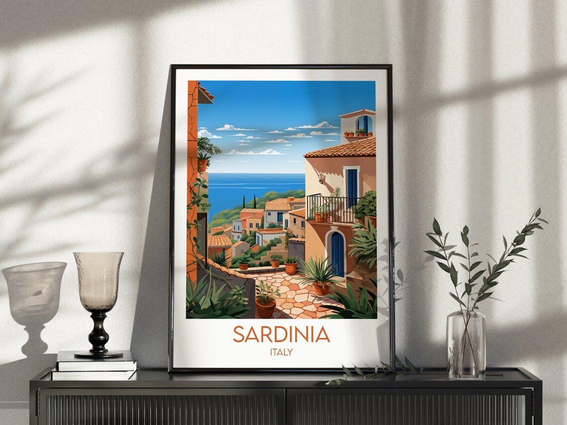 Sardinia Italy Village Balcony Over the Sea Travel Poster Art - Image 5
