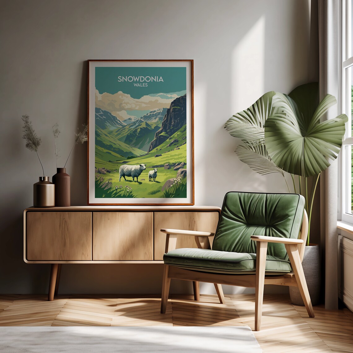 Snowdonia Wales Green Valley Sheep Grazing Mountain Poster Art - Image 2