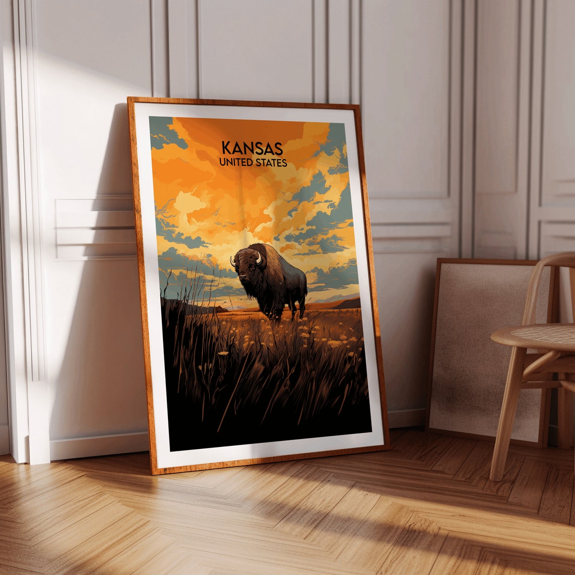 Kansas United States Bison Sunset Prairie Retro Travel Poster - Image 2