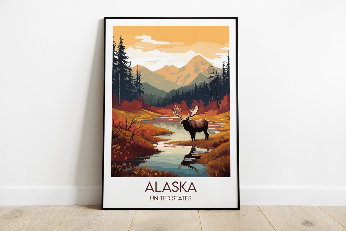 Alaska United States Moose River Autumn Wilderness Travel Poster