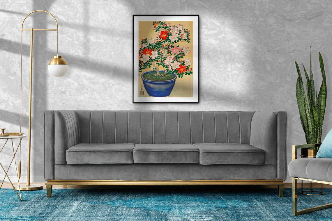 Blooming Azalea Bonsai in Blue Pot Japanese Woodblock Poster - Image 2