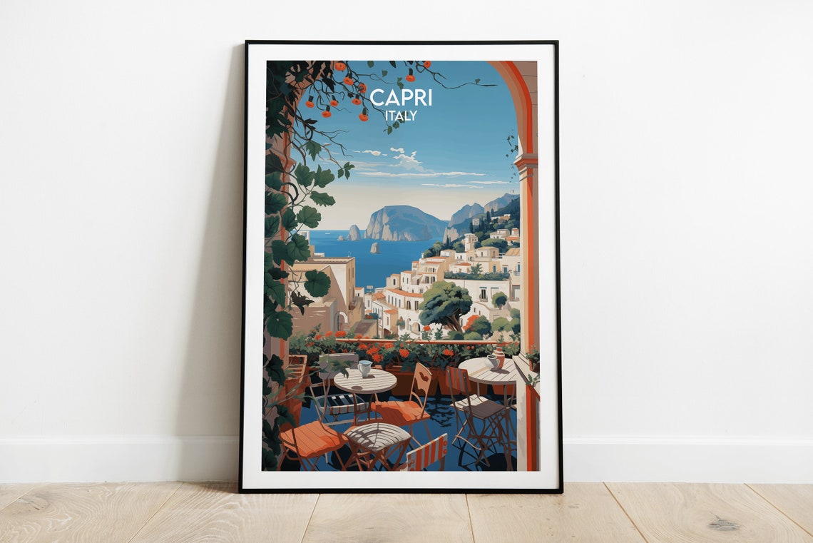 Capri Italy Terrace View Lemon Trees Town Coast Travel Poster