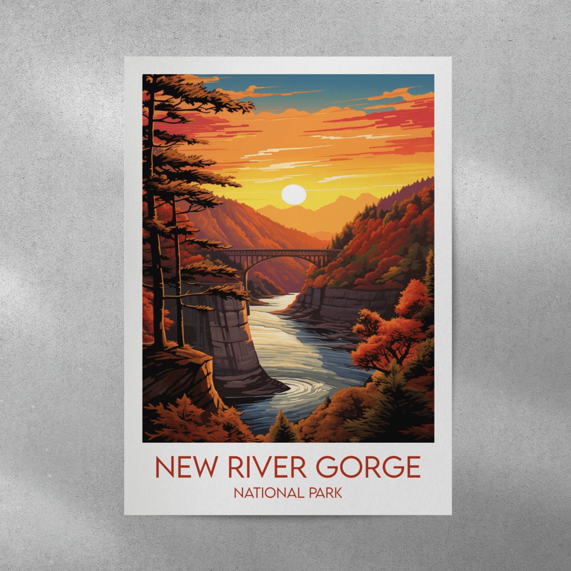 New River Gorge National Park Steel Bridge Sunset Travel Poster - Image 2