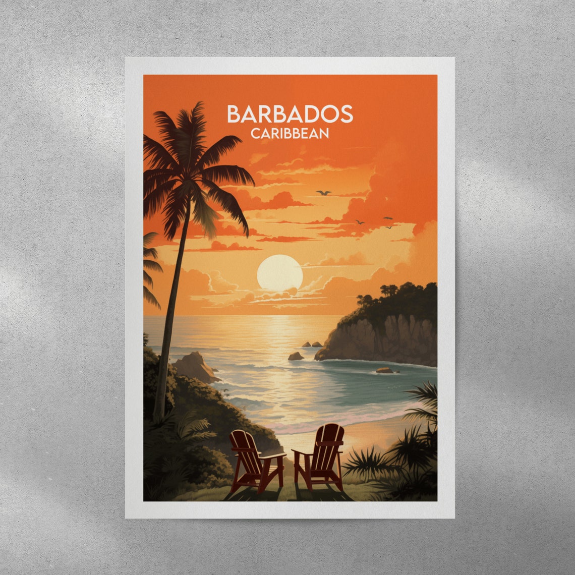 Barbados Caribbean Sunset Beach Palm Tree Retro Travel Poster - Image 3