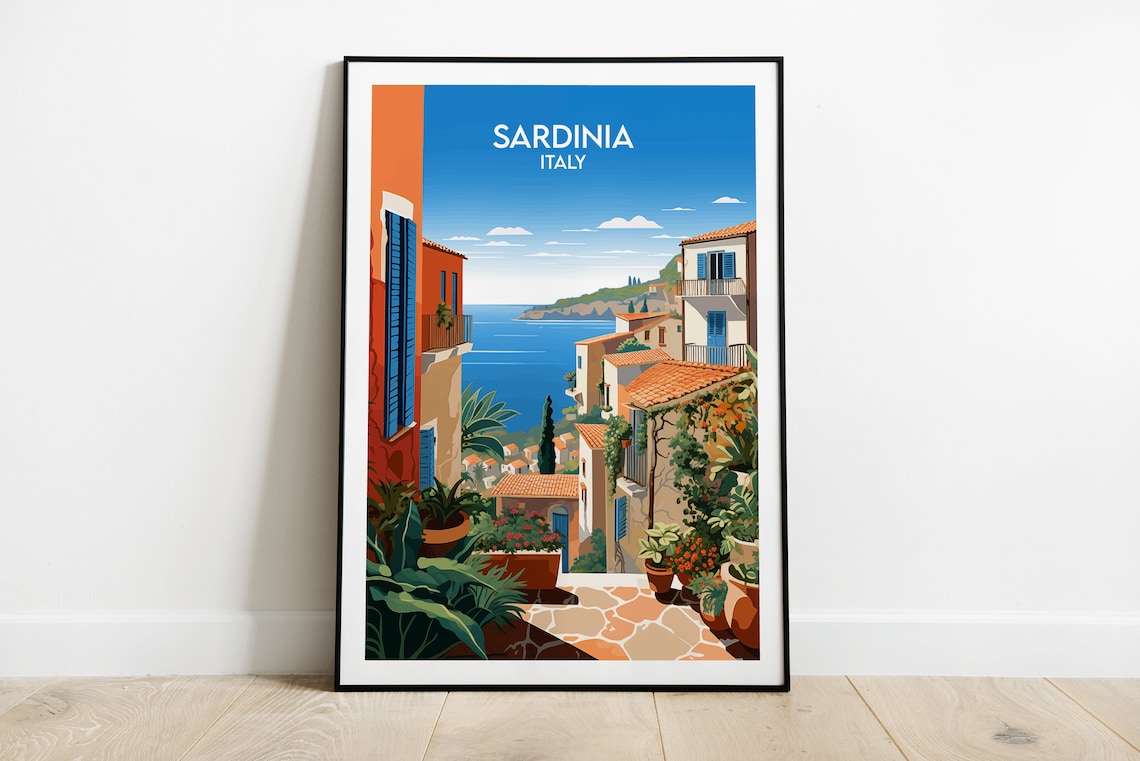 Sardinia Italy Village Street Blue Shutters Sea View Travel Poster
