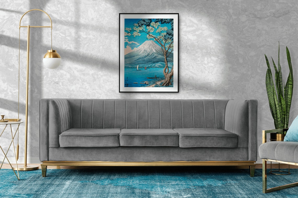 Mount Fuji With Cherry Blossoms Over The Lake Japanese Woodblock Print - Image 2