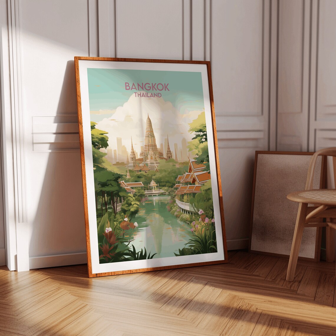 Bangkok Thailand Hidden Jungle Temple by Water Retro Travel Poster - Image 2