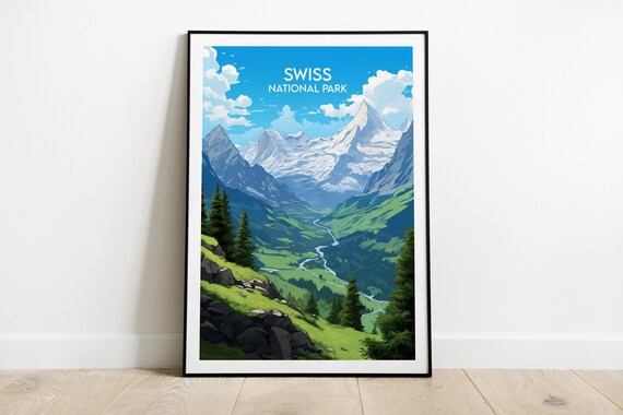 Swiss National Park Alpine Meadow Peaks Vintage Travel Poster
