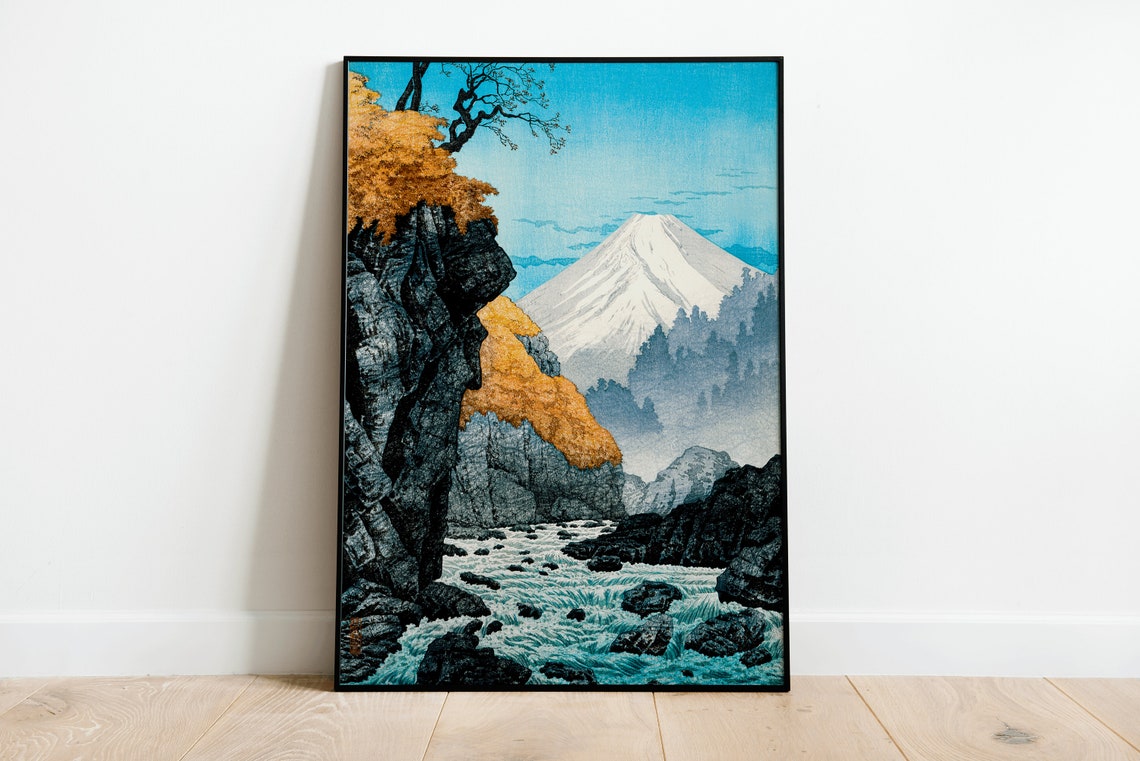 Mount Fuji Japanese Woodblock River Gorge Autumn Landscape Print