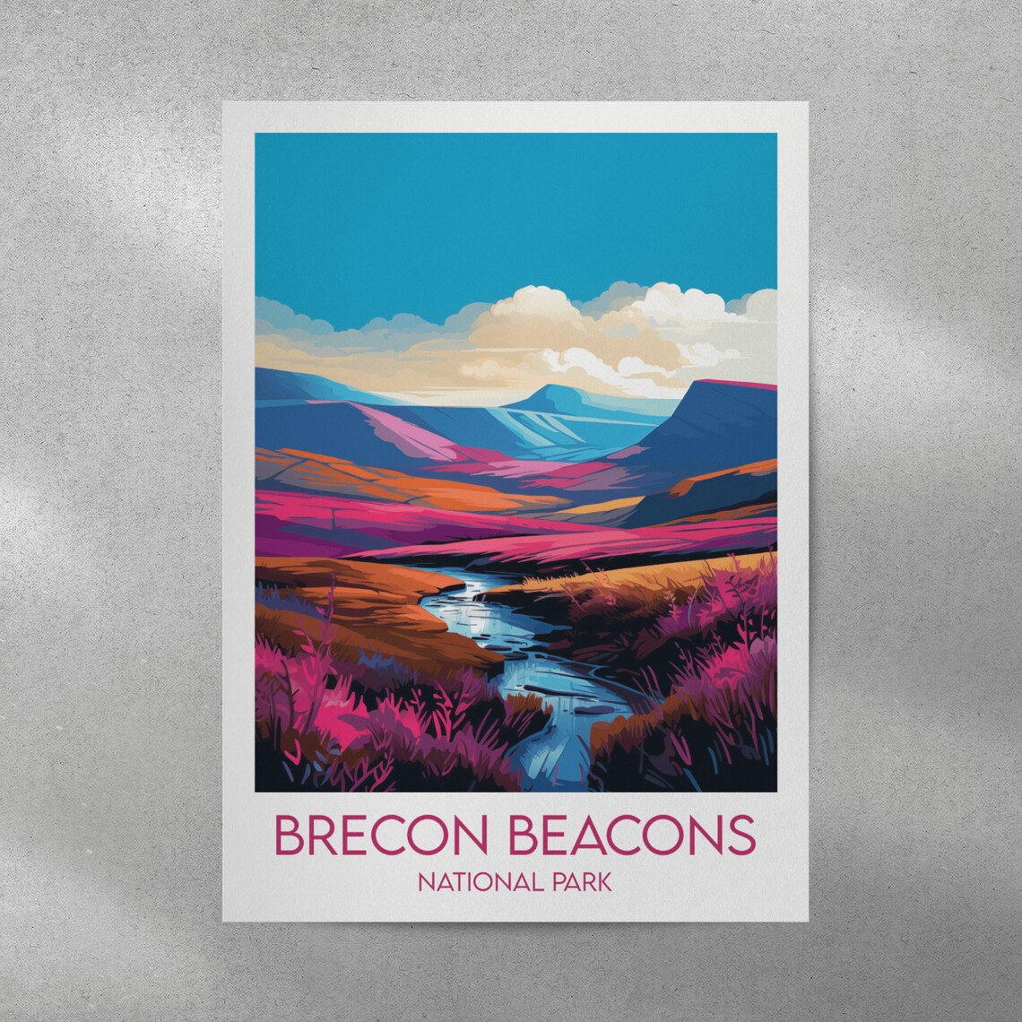 Brecon Beacons National Park Magenta Moorland Stream Vintage Travel Poster - Image 2