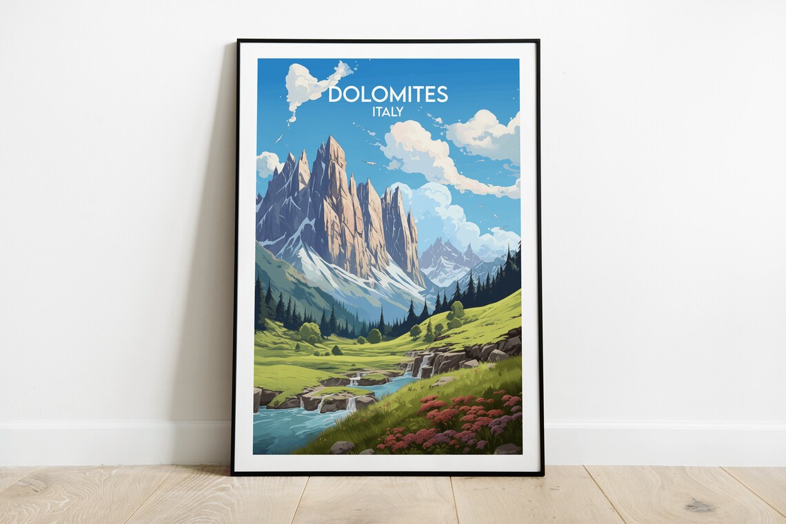 Dolomites Italy Jagged Peaks Waterfall Vintage Travel Poster