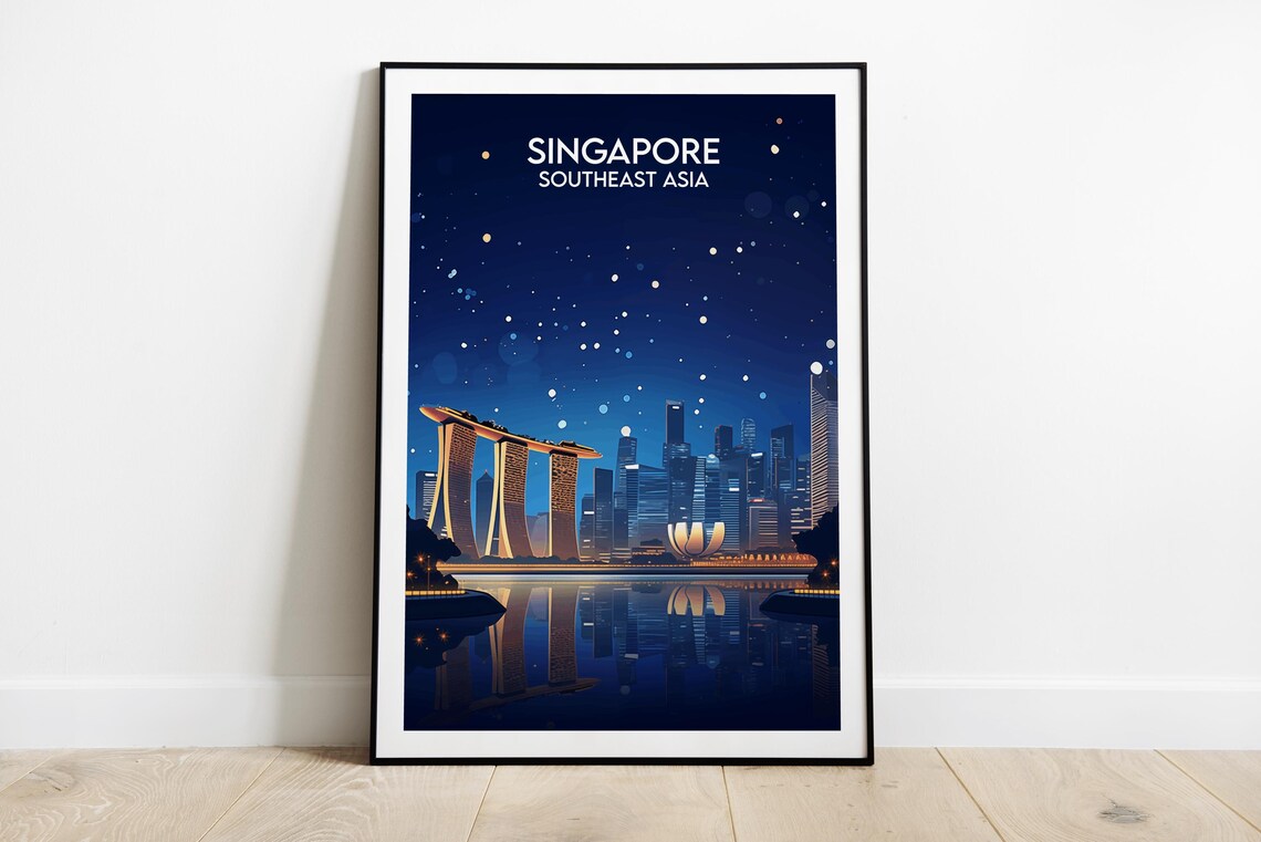 Singapore Marina Bay Night Sky Reflection Stars Cityscape Poster