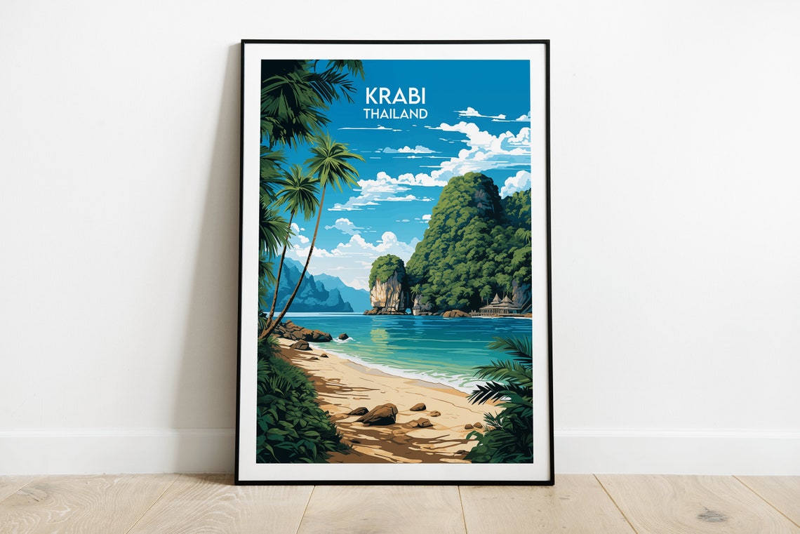 Krabi Thailand Limestone Karst Cliff Palm Beach Island Travel Poster