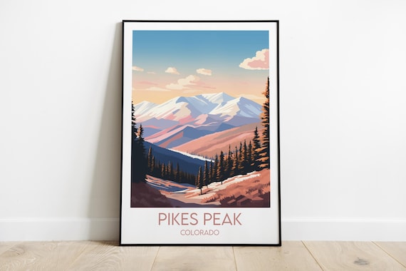 Pikes Peak Colorado Snowy Mountain Summit Pine Forest Travel Poster