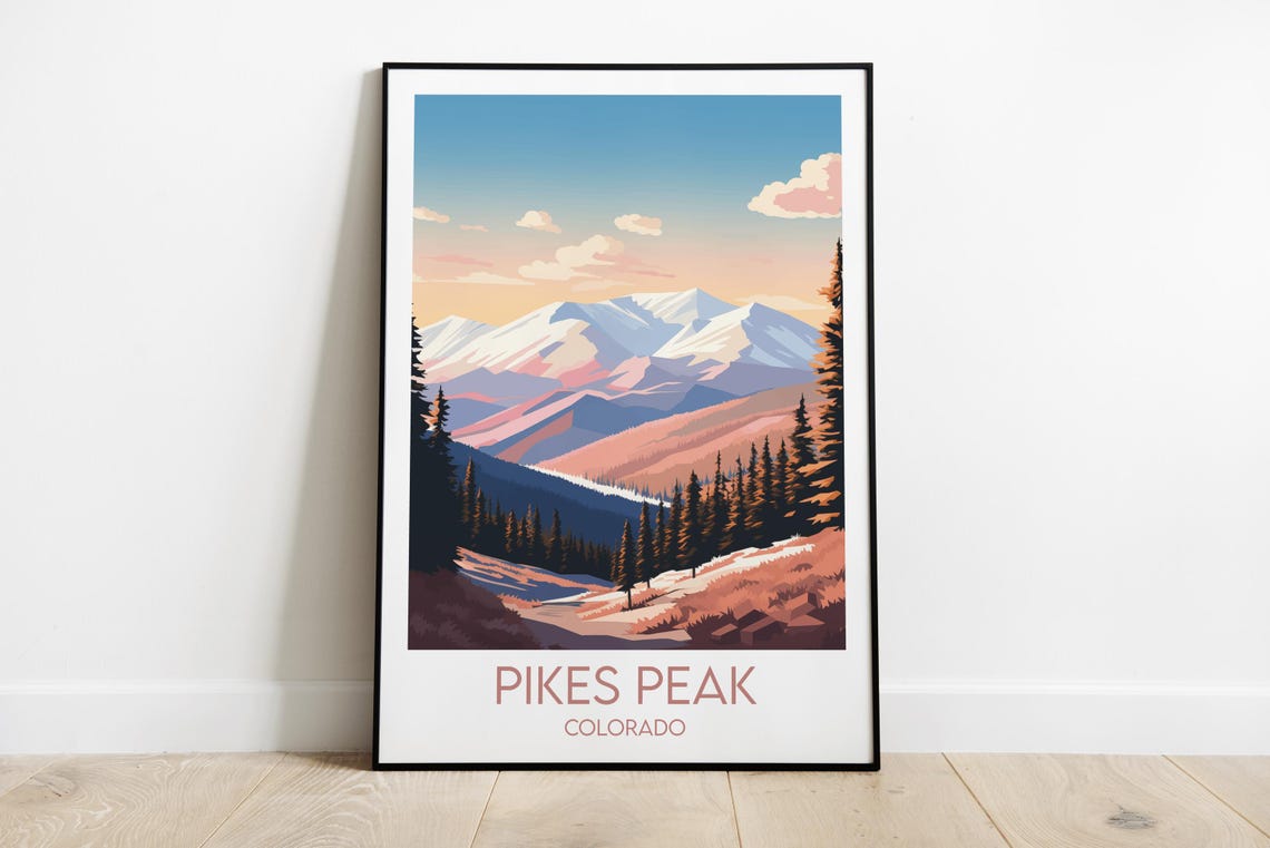 Pikes Peak Colorado Snowy Mountain Summit Pine Forest Travel Poster