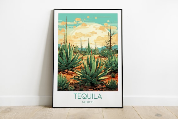 Tequila Mexico Vintage Travel Art Print with Blue Agave Field at Sunset