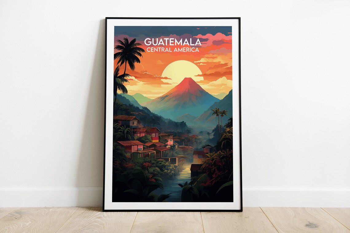 Guatemala Central America Volcano Sunset Village Travel Poster
