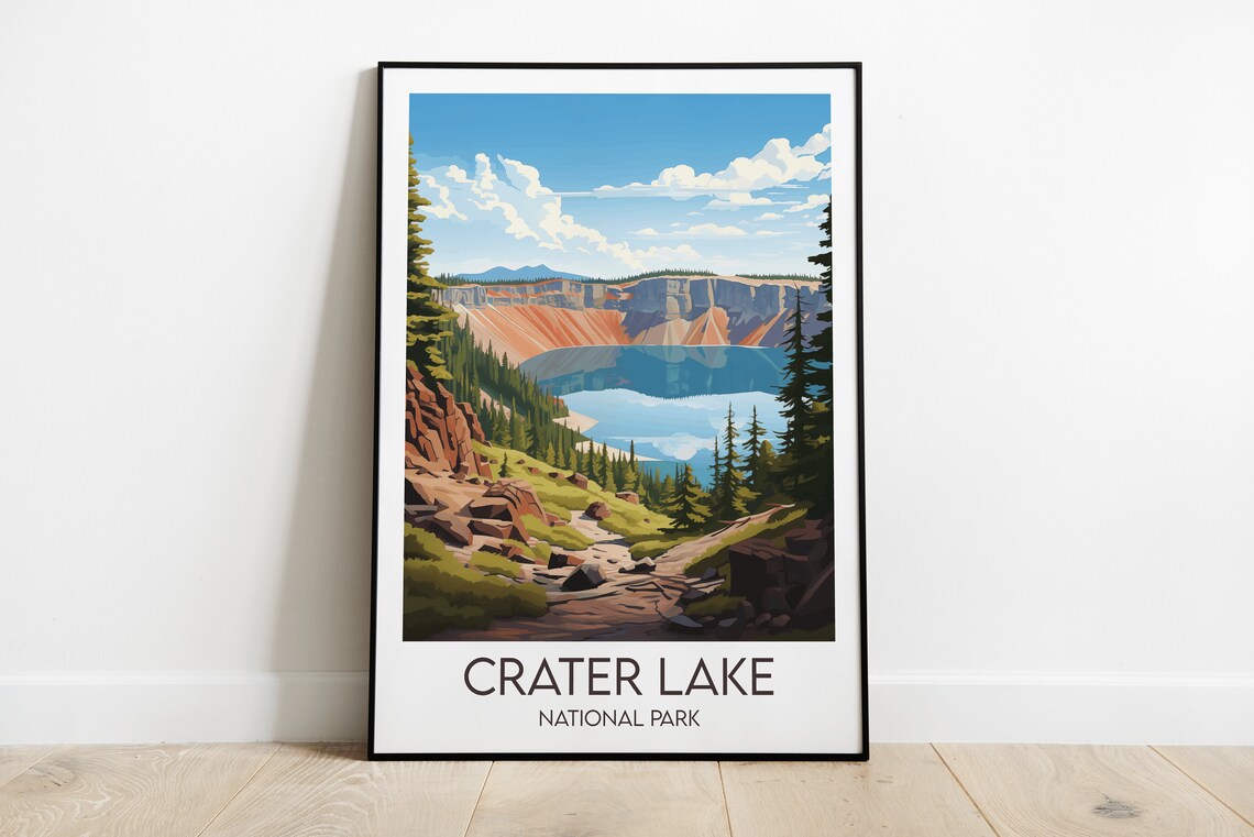 Crater Lake National Park Blue Caldera Pines Oregon Travel Poster