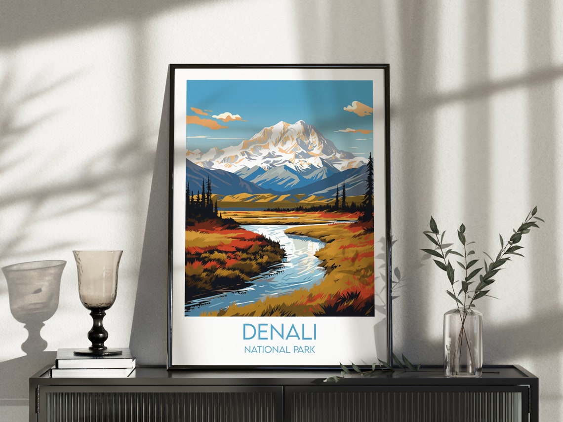 Denali National Park Snow Peak River Tundra Landscape Travel Poster - Image 3