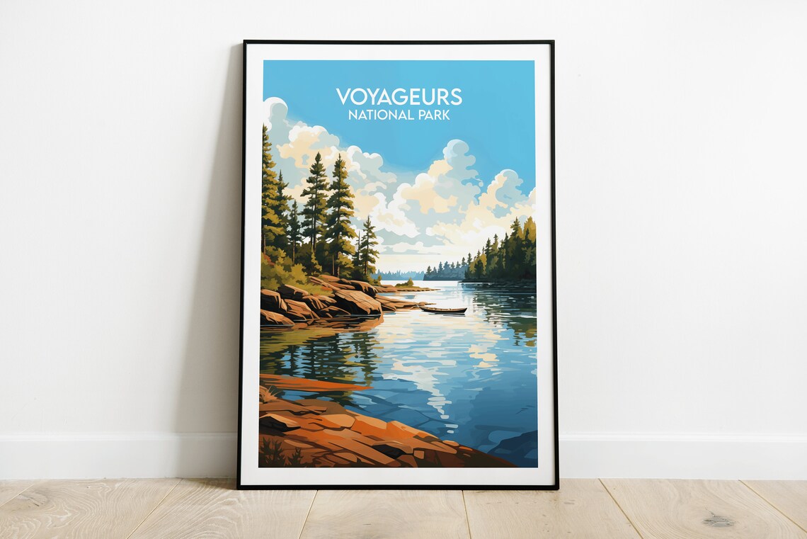 Voyageurs National Park Canoe Calm Lake Pine Forest Travel Poster