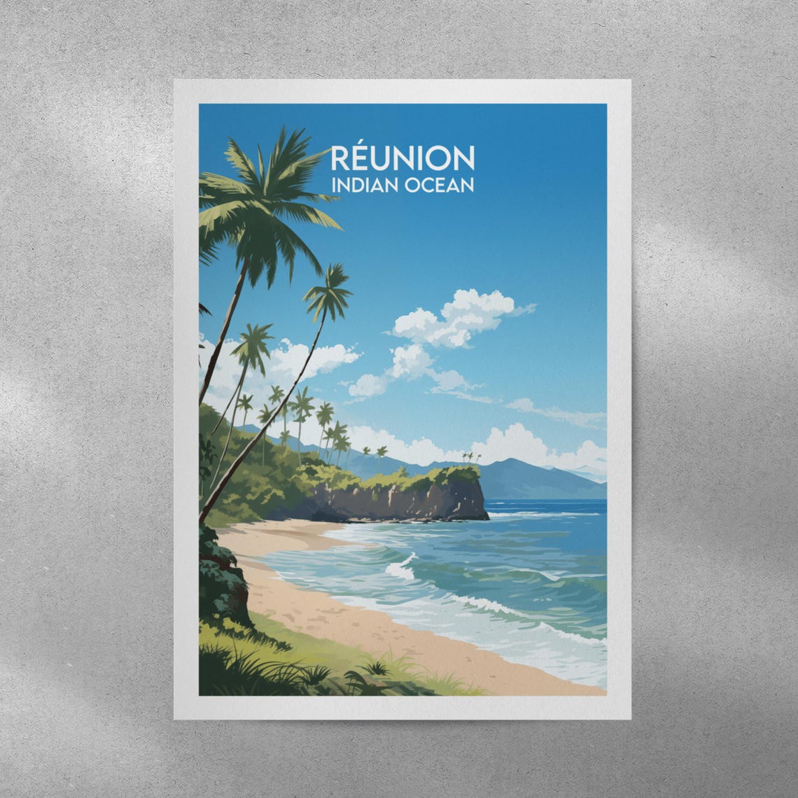 Reunion Indian Ocean Daytime Beach Palms Headland Scenic Travel Poster - Image 4