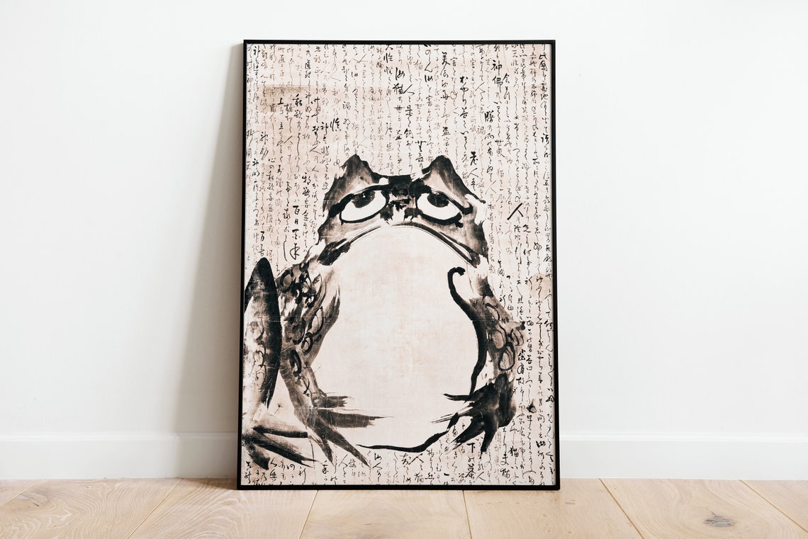 Japanese Sad Frog Vintage Ink Painting Print Grumpy Toad Artwork