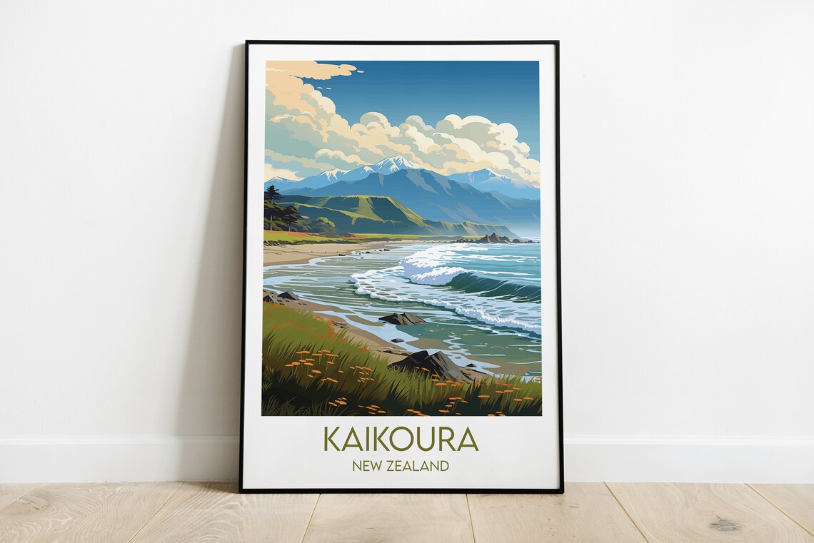 Kaikoura New Zealand Coastal Waves Scenic Illustrated Travel Poster