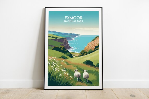 Exmoor National Park Coastal Cliffs and Sheep Meadow Travel Poster