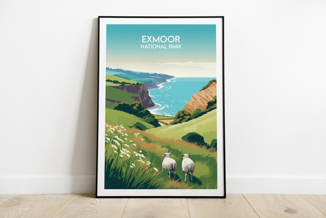 Exmoor National Park Coastal Cliffs and Sheep Meadow Travel Poster
