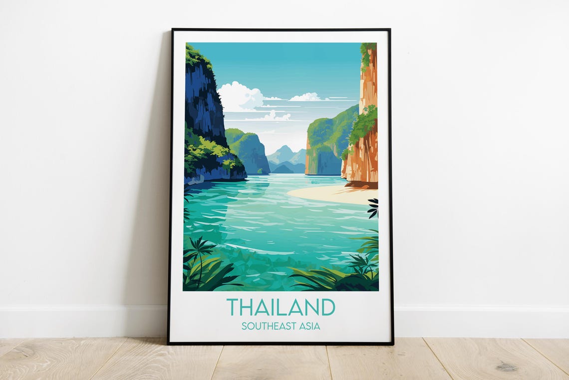 Thailand Turquoise Bay Island Cliffs Tropical Beach Travel Poster