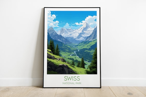 Swiss National Park Green Valley Peaks Vintage Travel Poster