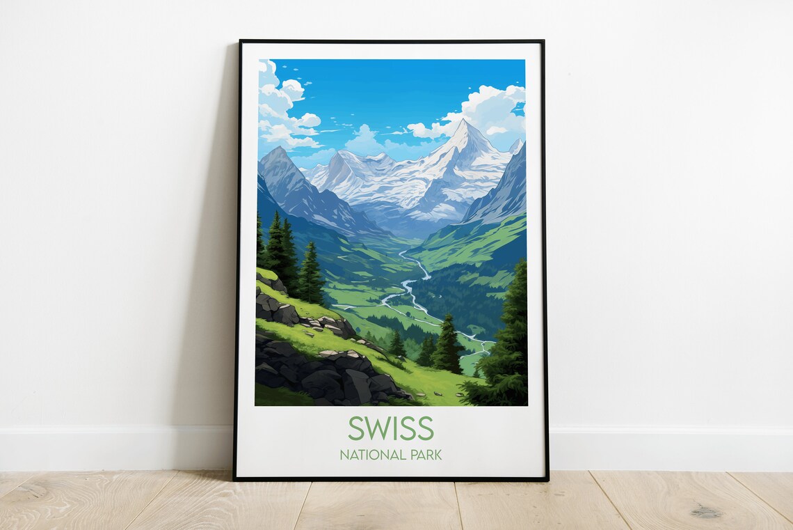 Swiss National Park Green Valley Peaks Vintage Travel Poster